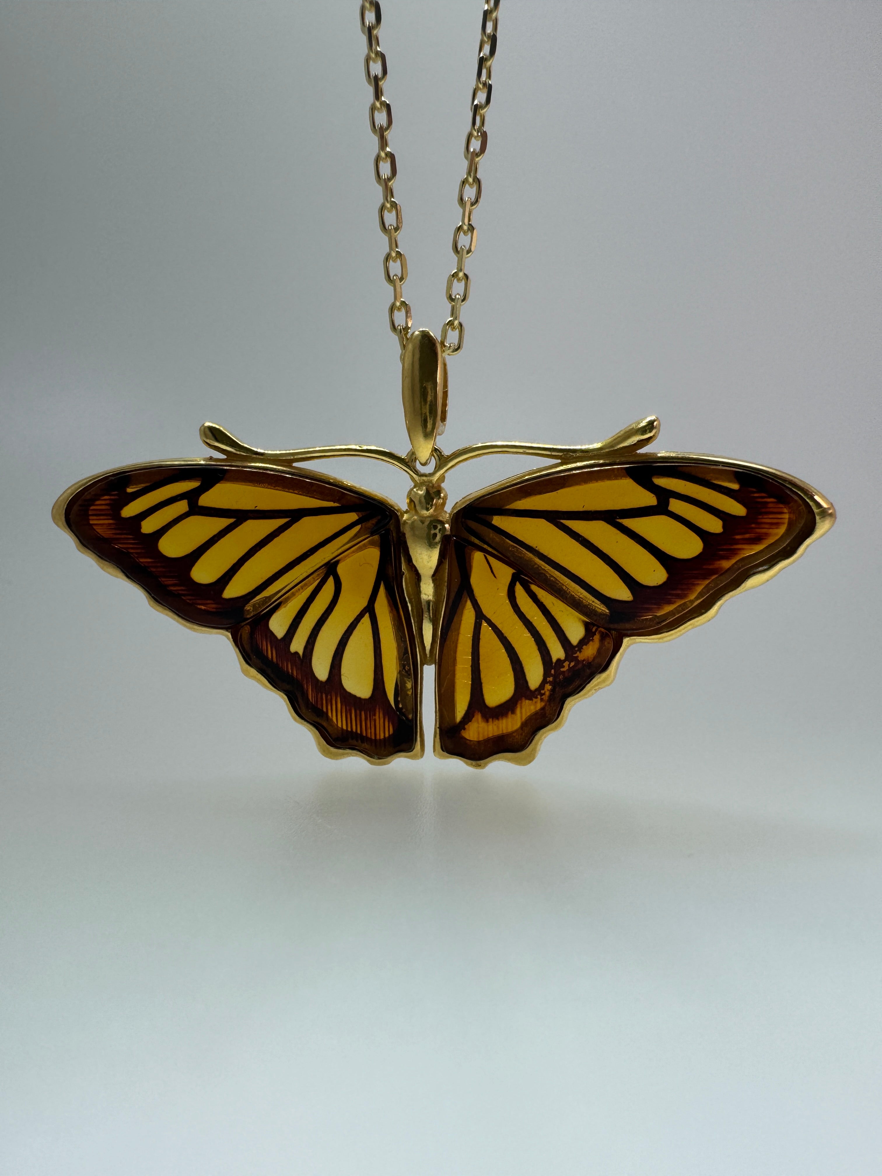 Gold Plated Sterling Silver Honey Baltic Amber Butterfly Pendant Necklace – Handmade in Poland, Museum Quality Statement Piece