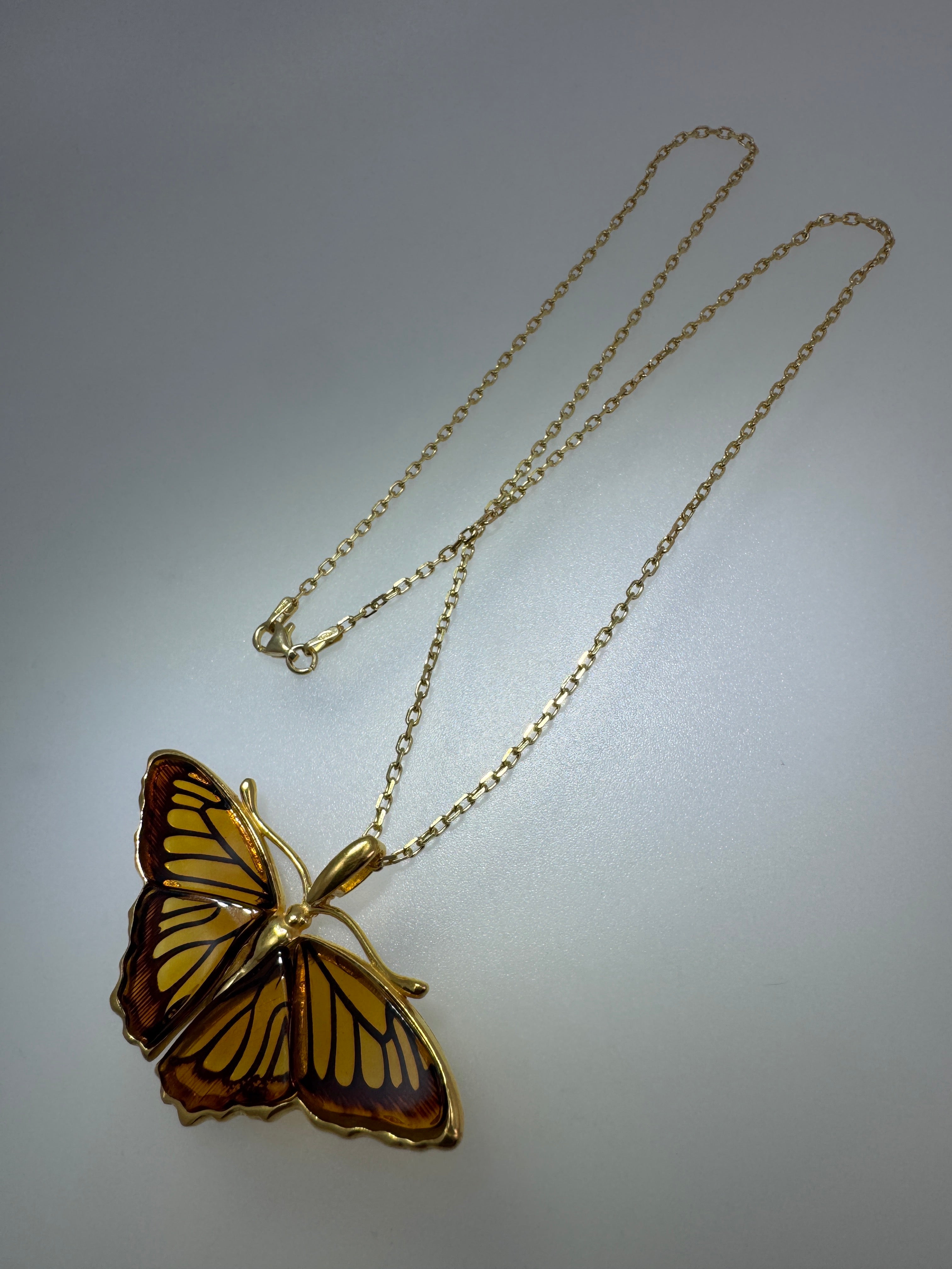 Gold Plated Sterling Silver Honey Baltic Amber Butterfly Pendant Necklace – Handmade in Poland, Museum Quality Statement Piece
