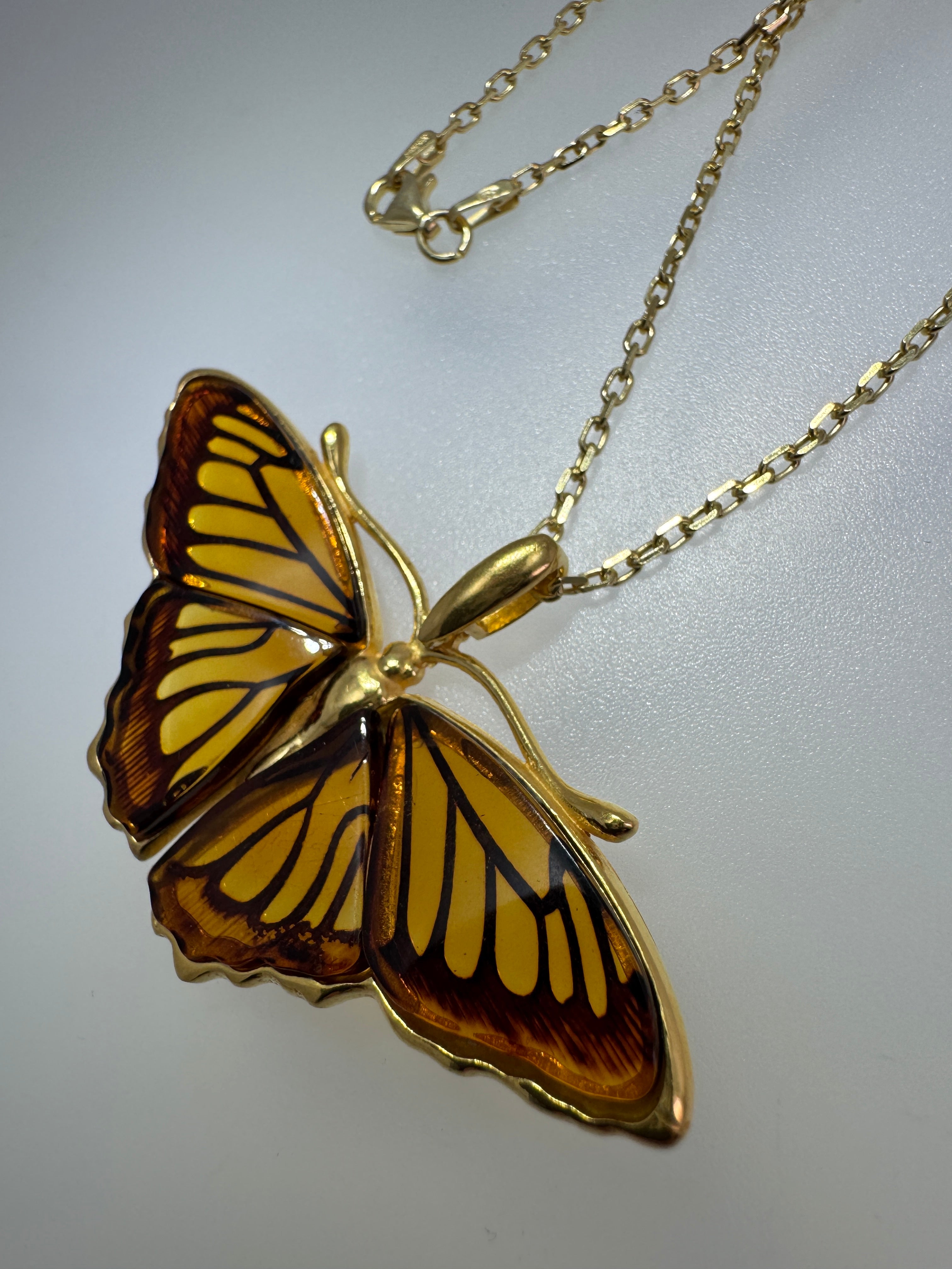 Gold Plated Sterling Silver Honey Baltic Amber Butterfly Pendant Necklace – Handmade in Poland, Museum Quality Statement Piece