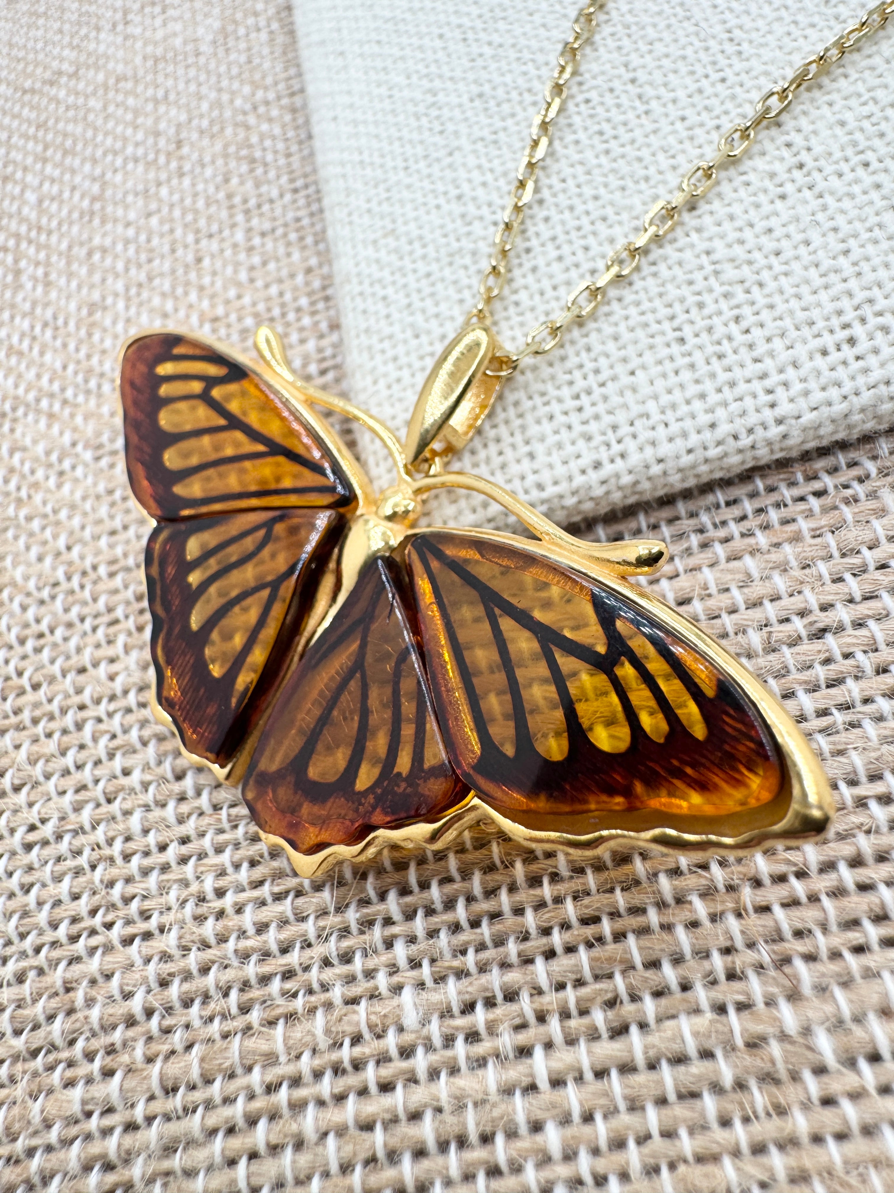 Gold Plated Sterling Silver Honey Baltic Amber Butterfly Pendant Necklace – Handmade in Poland, Museum Quality Statement Piece