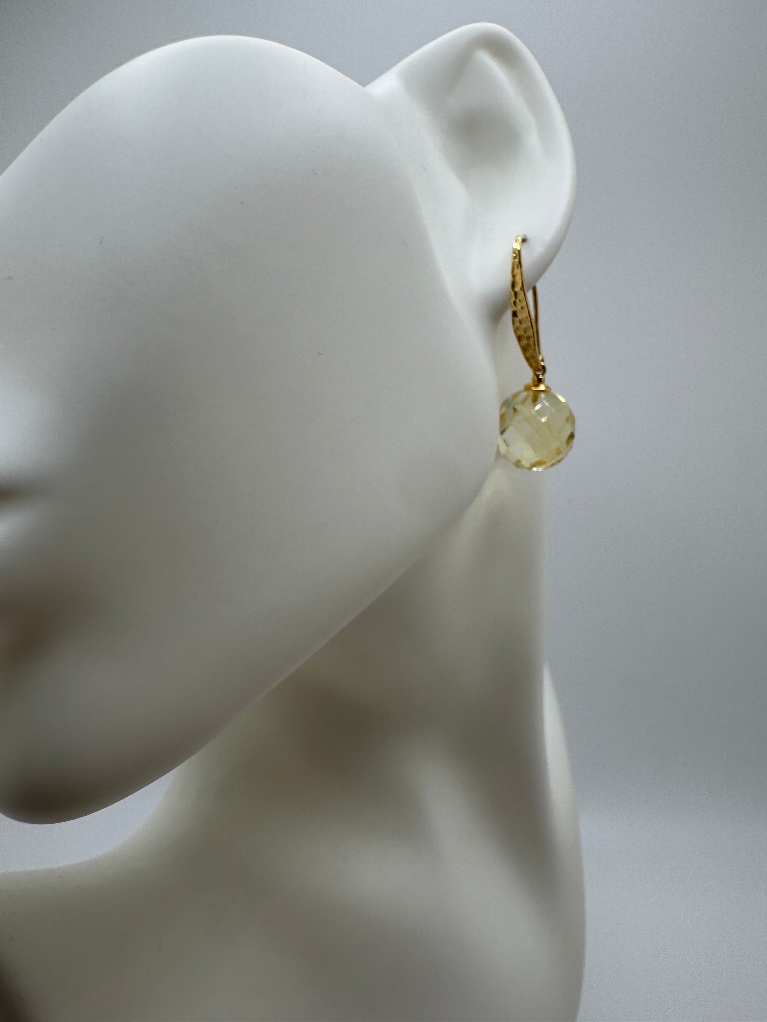 Gold Plated Sterling Silver Lemon Amber Faceted Ball Drop Earrings | Hammered Silver Design | Lightweight Baltic Amber Jewelry