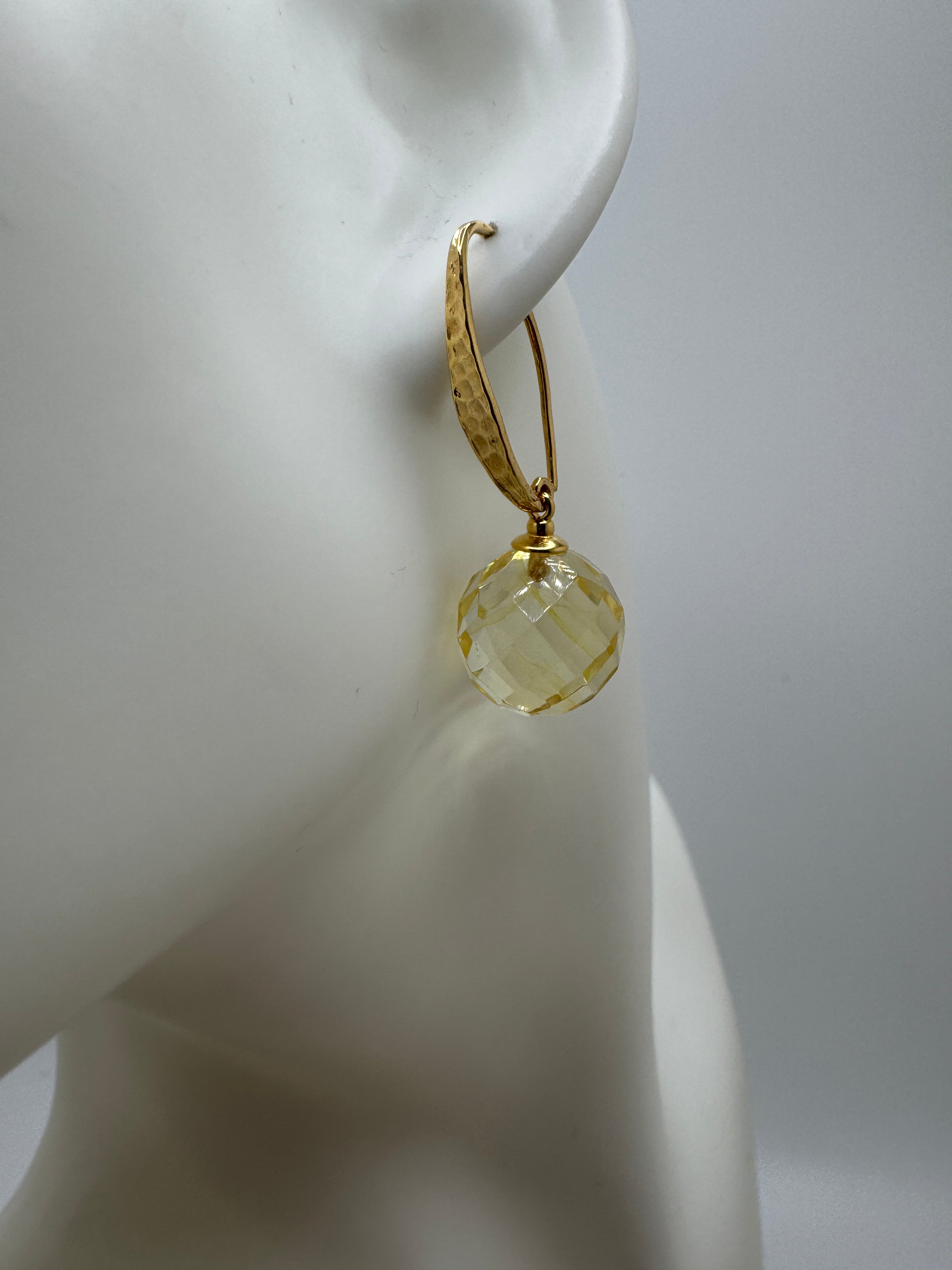 Gold Plated Sterling Silver Lemon Amber Faceted Ball Drop Earrings | Hammered Silver Design | Lightweight Baltic Amber Jewelry