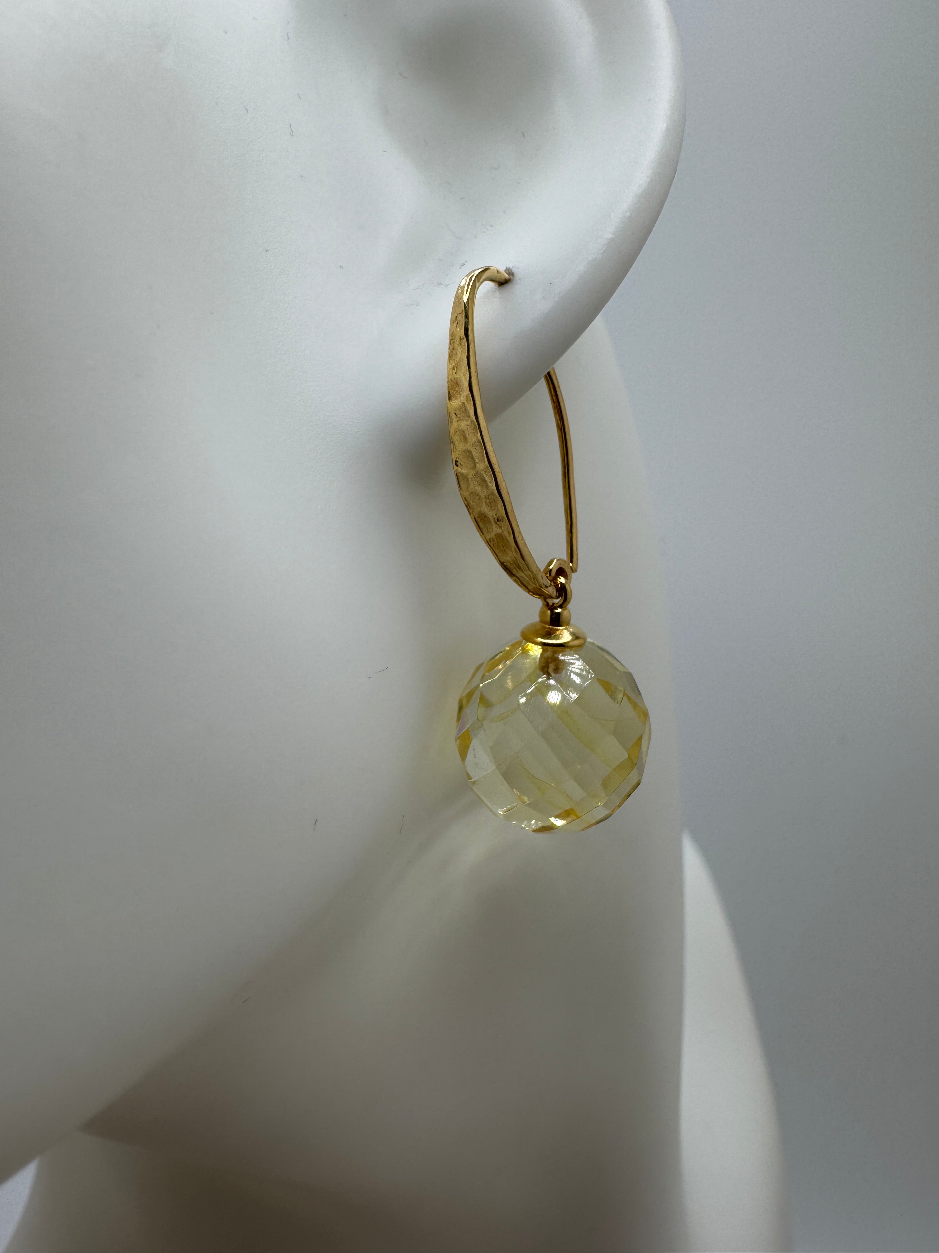 Gold Plated Sterling Silver Lemon Amber Faceted Ball Drop Earrings | Hammered Silver Design | Lightweight Baltic Amber Jewelry
