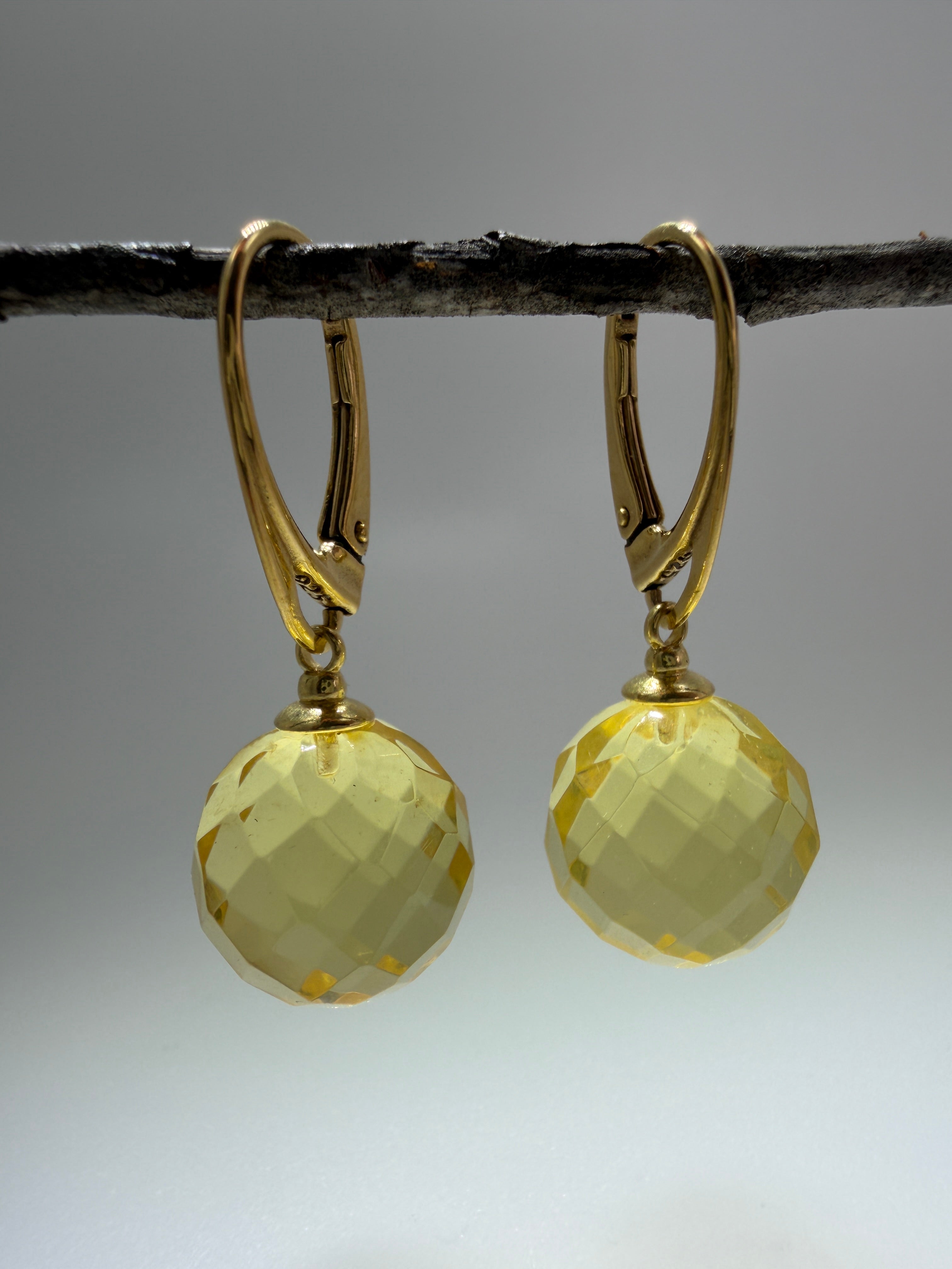 Gold Plated Sterling Silver Lemon Amber Faceted Ball Drop Earrings | Hammered Silver Design | Lightweight Baltic Amber Jewelry