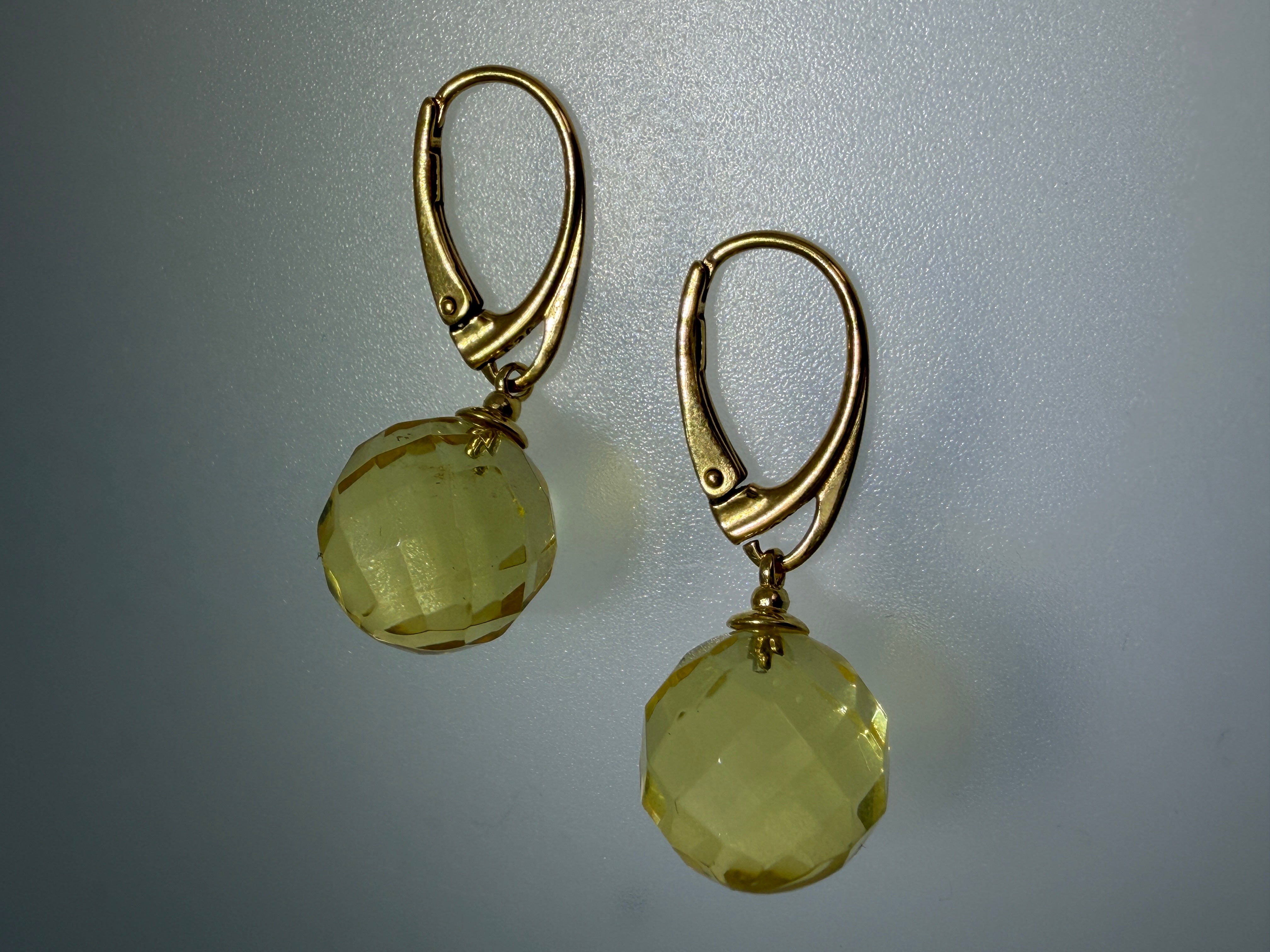 Gold Plated Sterling Silver Lemon Amber Faceted Ball Drop Earrings | Hammered Silver Design | Lightweight Baltic Amber Jewelry