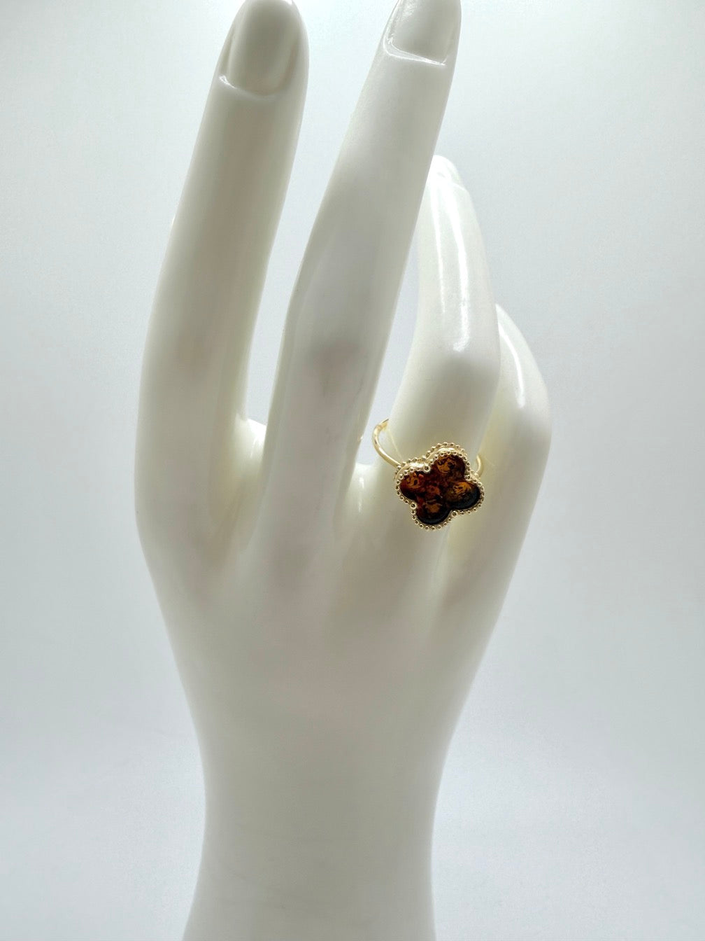 Gold Plated Sterling Silver & Cognac Baltic Amber Clover Jewelry Set – Handmade in Poland