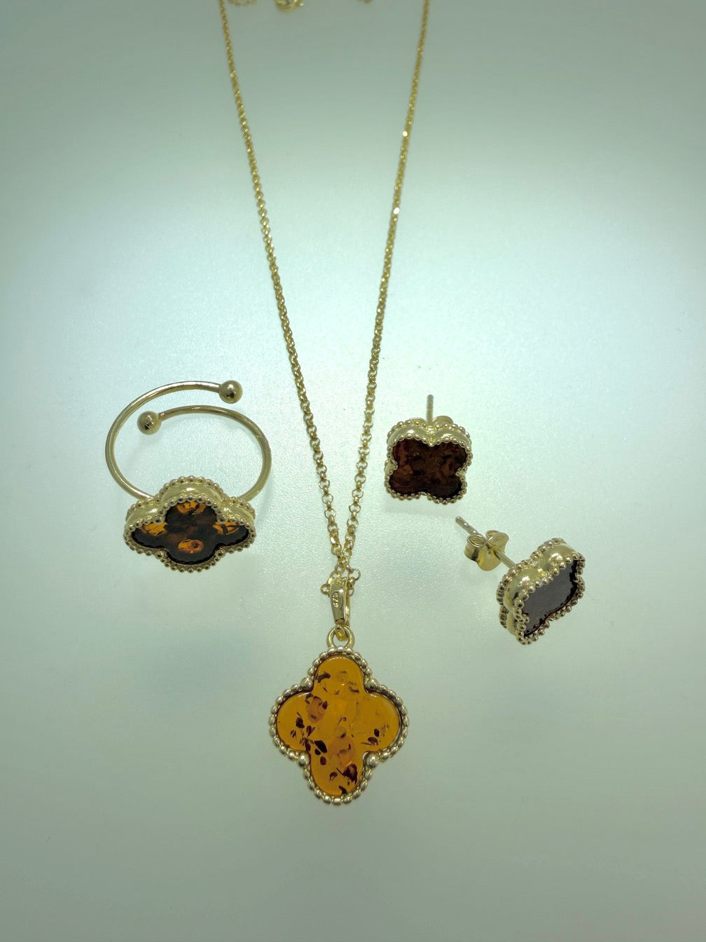 Gold Plated Sterling Silver & Cognac Baltic Amber Clover Jewelry Set – Handmade in Poland