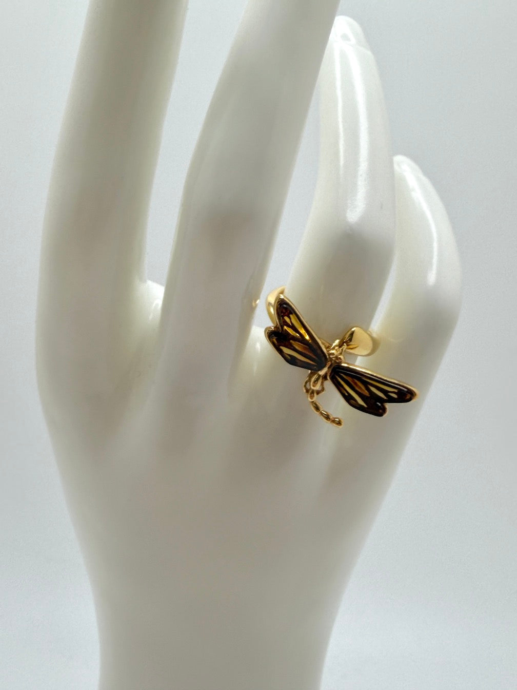 Gold Plated Sterling Silver & Genuine Baltic Amber Dragonfly Ring