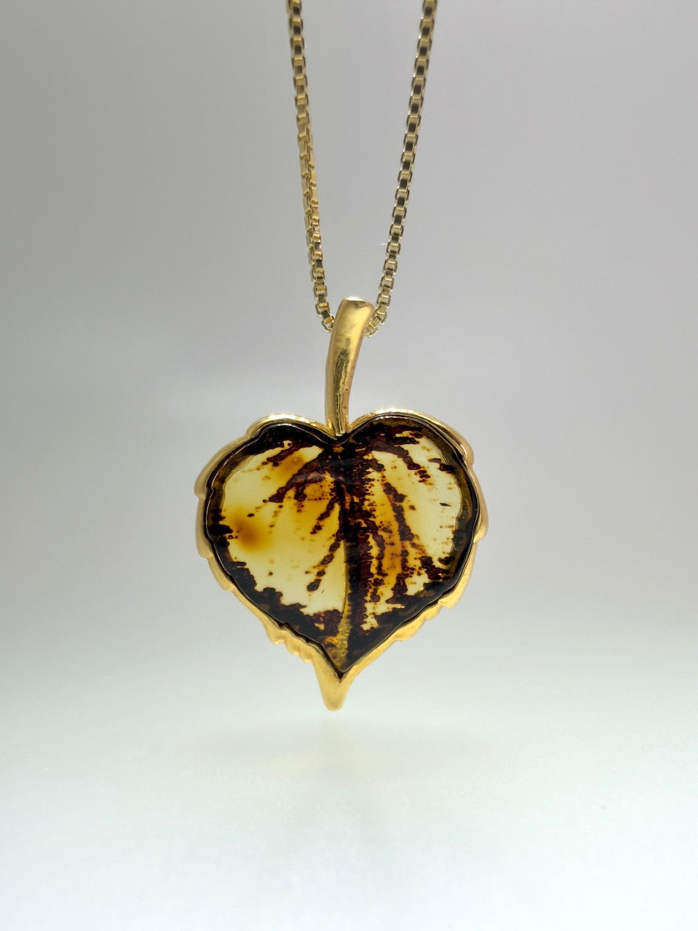 Gold Plated Sterling Silver & Genuine Baltic Amber Hand-Etched Leaf Pendant Necklace