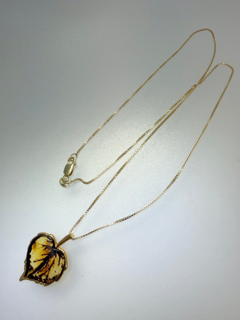 Gold Plated Sterling Silver & Genuine Baltic Amber Hand-Etched Leaf Pendant Necklace