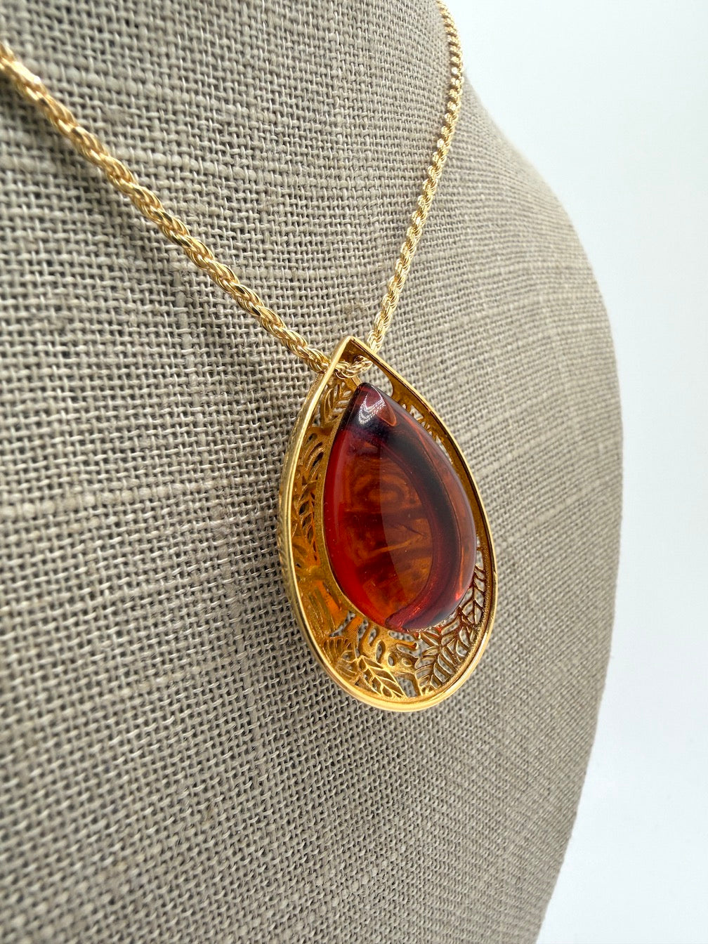 Gold Plated Sterling Silver & Genuine Baltic Amber Leaf Pendant on Rope Chain