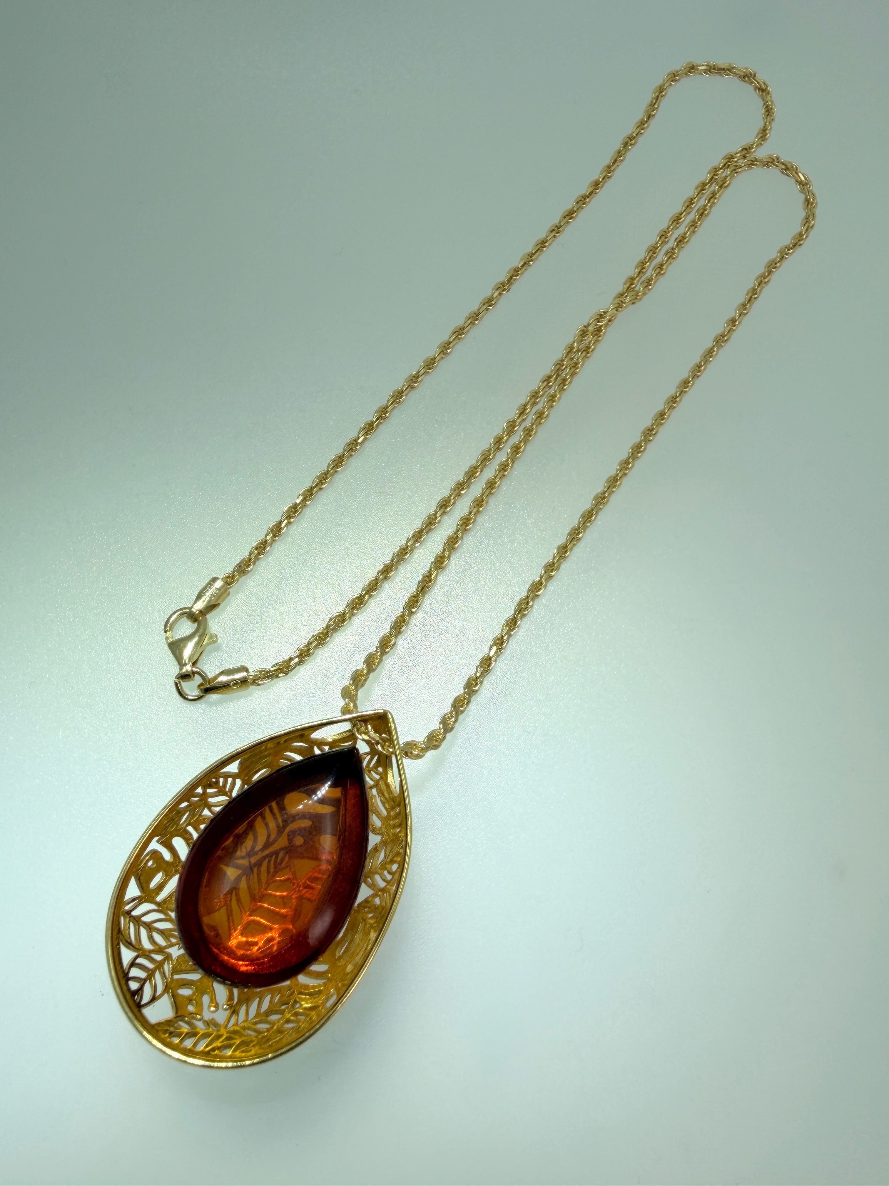 Gold Plated Sterling Silver & Genuine Baltic Amber Leaf Pendant on Rope Chain