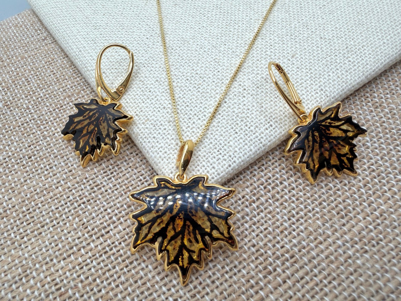 Gold Plated Sterling Silver & Genuine Baltic Amber Maple Leaf Necklace + Earrings Set • Hand-Etched Lemon & Honey Amber