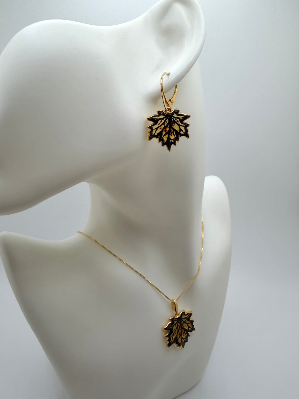 Gold Plated Sterling Silver & Genuine Baltic Amber Maple Leaf Necklace + Earrings Set • Hand-Etched Lemon & Honey Amber
