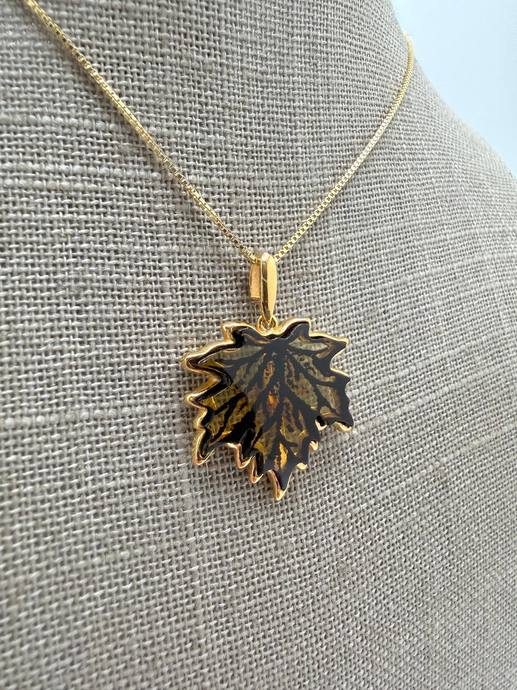 Gold Plated Sterling Silver & Genuine Baltic Amber Maple Leaf Necklace + Earrings Set • Hand-Etched Lemon & Honey Amber