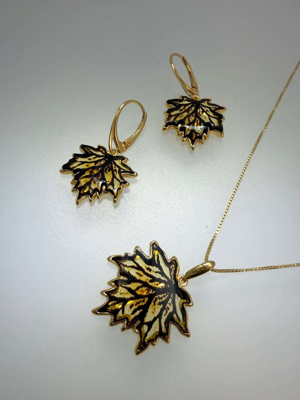 Gold Plated Sterling Silver & Genuine Baltic Amber Maple Leaf Necklace + Earrings Set • Hand-Etched Lemon & Honey Amber