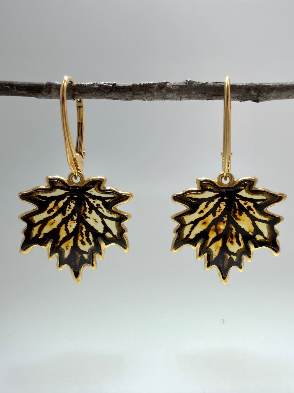 Gold Plated Sterling Silver & Genuine Baltic Amber Maple Leaf Necklace + Earrings Set • Hand-Etched Lemon & Honey Amber