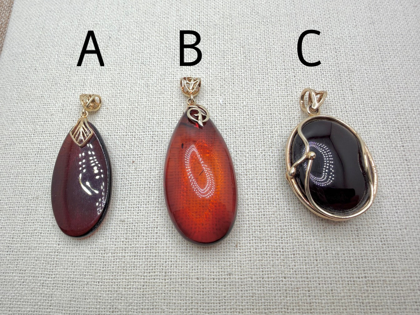 Gold Plated Sterling Silver & Genuine Baltic Amber Pendant – Rare Dark Cherry Amber – Three Unique Designs Available