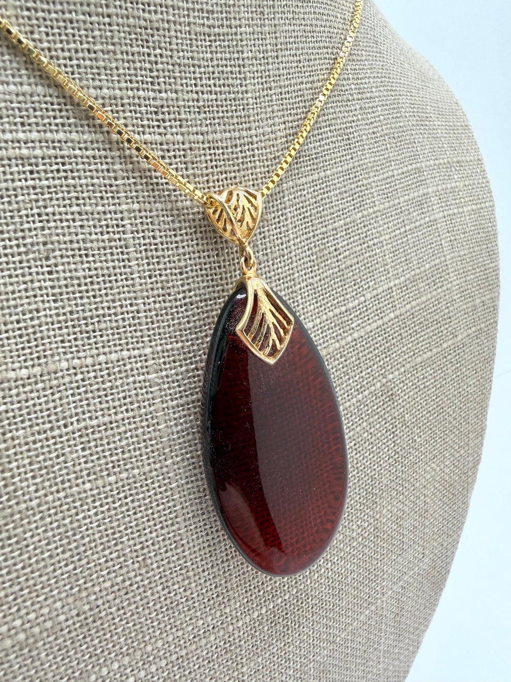 Gold Plated Sterling Silver & Genuine Baltic Amber Pendant – Rare Dark Cherry Amber – Three Unique Designs Available