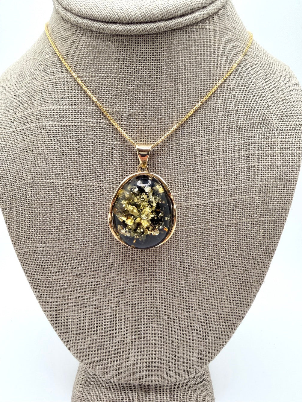 Oval Gold Plated Sterling Silver & Genuine Green Baltic Amber Pendant Necklace — One-of-a-Kind Museum Quality