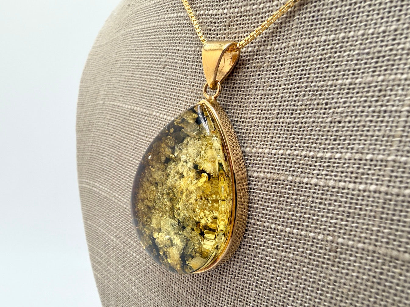 Teardrop Gold Plated Sterling Silver & Genuine Green Baltic Amber Pendant Necklace — One-of-a-Kind Museum Quality