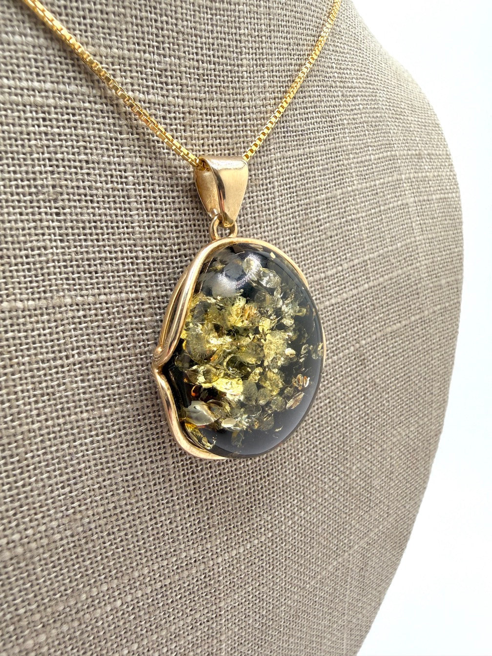 Oval Gold Plated Sterling Silver & Genuine Green Baltic Amber Pendant Necklace — One-of-a-Kind Museum Quality