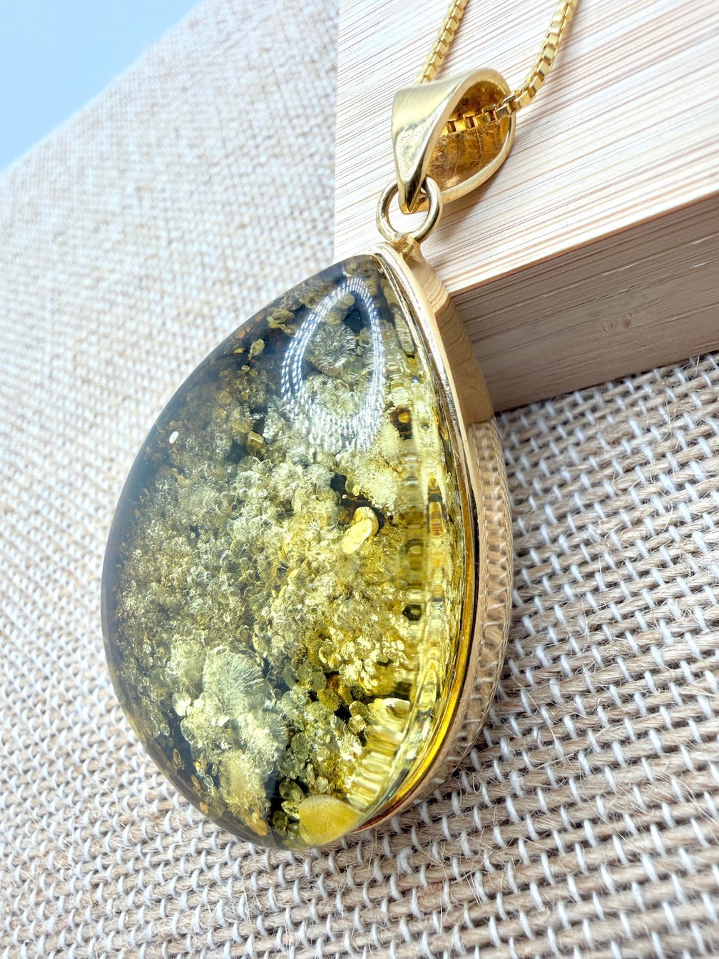 Teardrop Gold Plated Sterling Silver & Genuine Green Baltic Amber Pendant Necklace — One-of-a-Kind Museum Quality