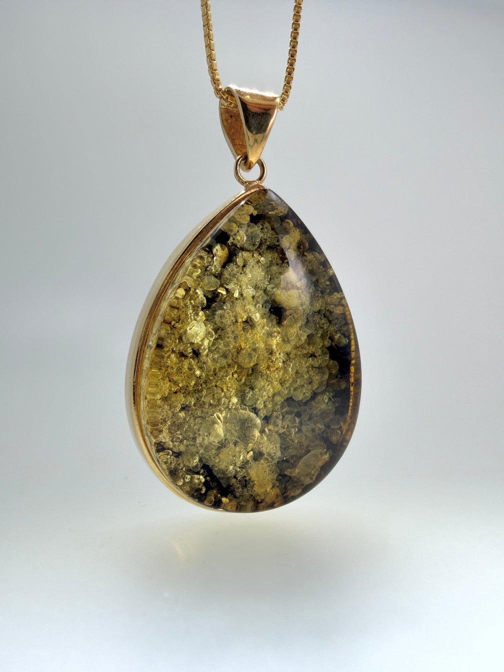 Teardrop Gold Plated Sterling Silver & Genuine Green Baltic Amber Pendant Necklace — One-of-a-Kind Museum Quality