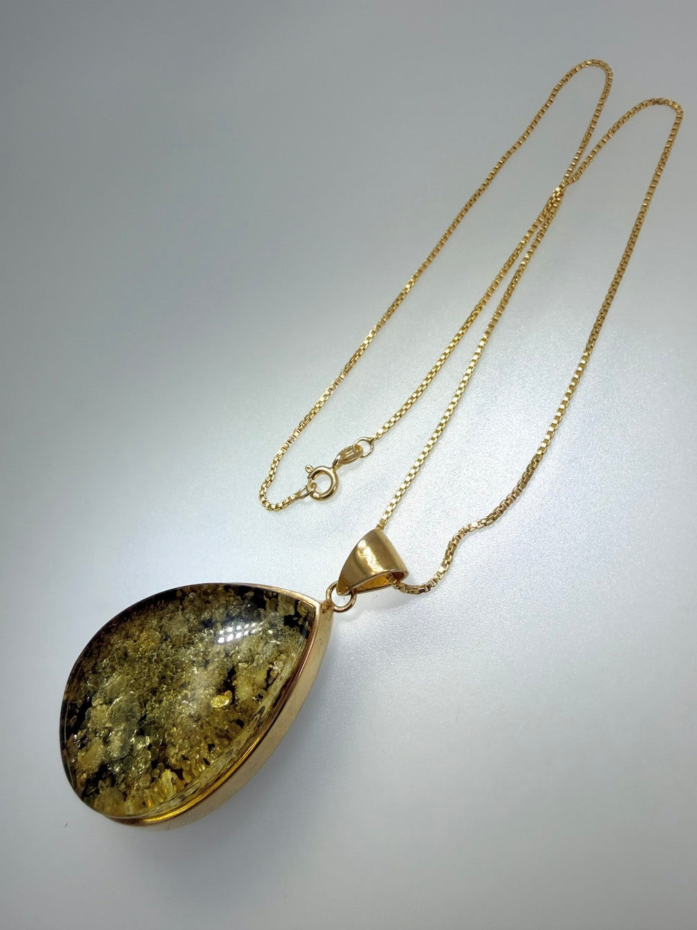 Teardrop Gold Plated Sterling Silver & Genuine Green Baltic Amber Pendant Necklace — One-of-a-Kind Museum Quality