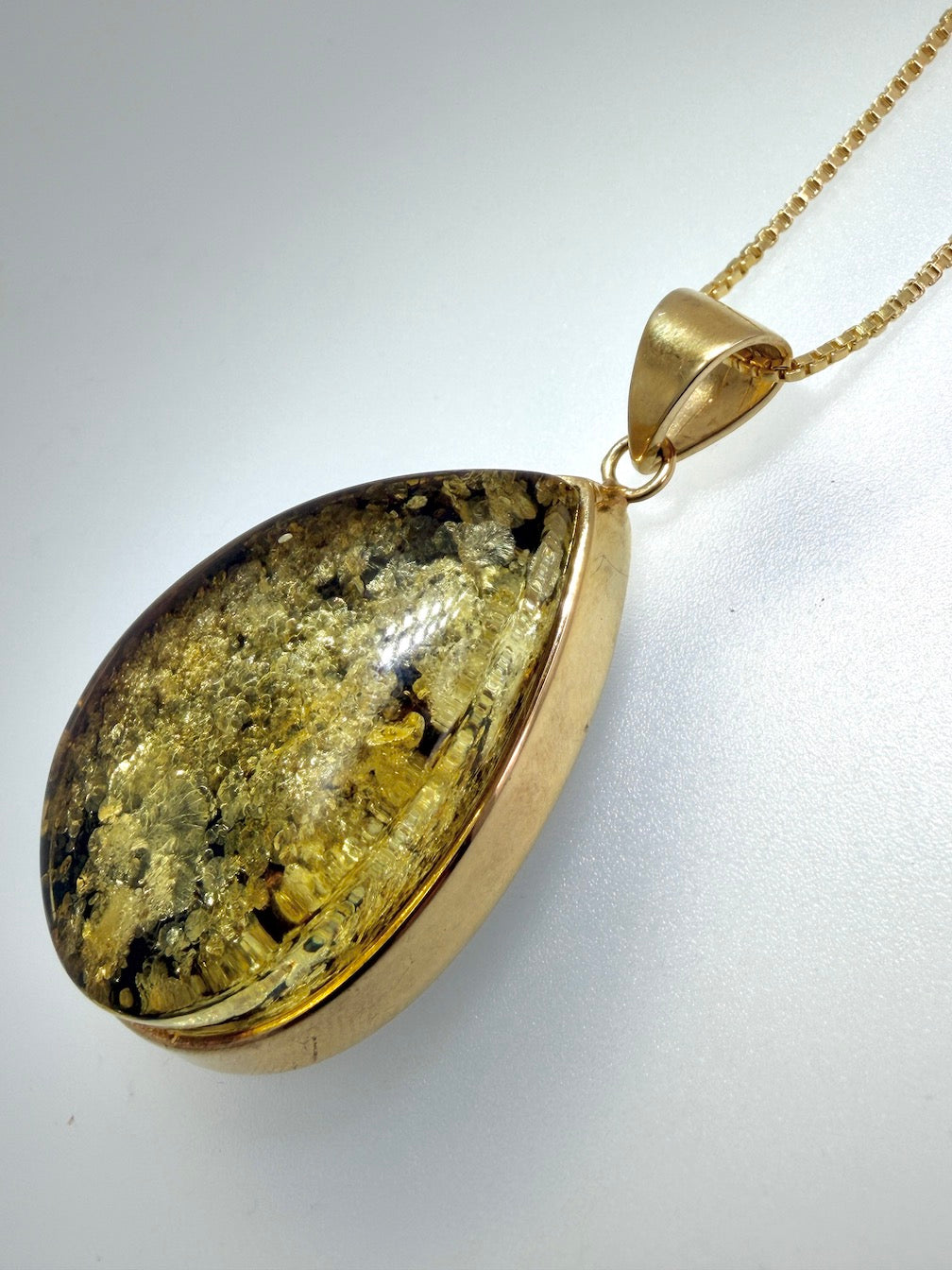 Teardrop Gold Plated Sterling Silver & Genuine Green Baltic Amber Pendant Necklace — One-of-a-Kind Museum Quality
