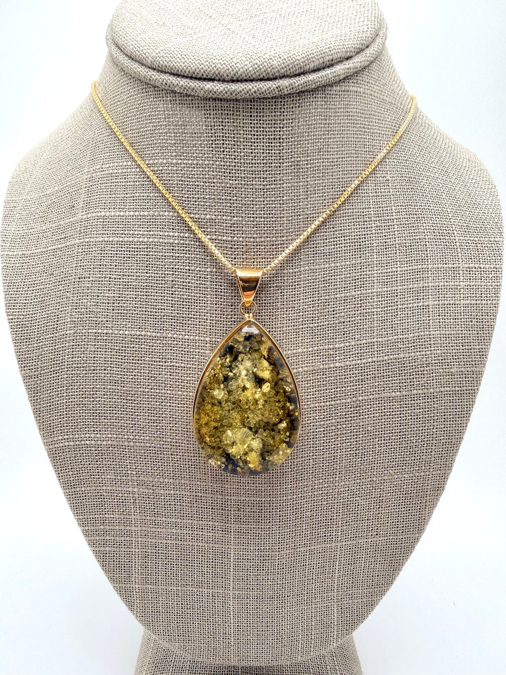 Teardrop Gold Plated Sterling Silver & Genuine Green Baltic Amber Pendant Necklace — One-of-a-Kind Museum Quality