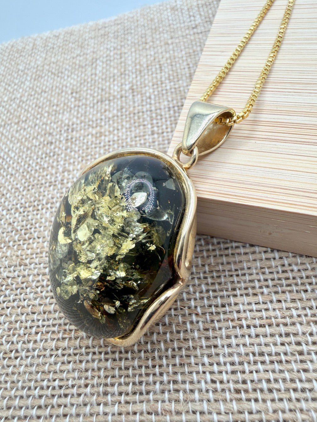 Oval Gold Plated Sterling Silver & Genuine Green Baltic Amber Pendant Necklace — One-of-a-Kind Museum Quality