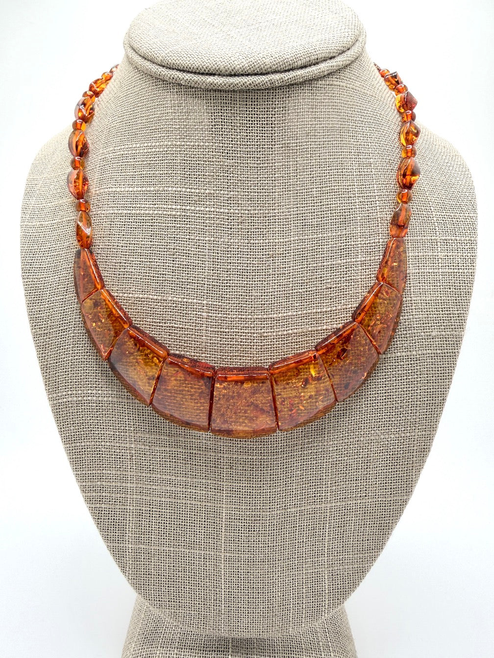 Graduated Baltic Amber Bib Necklace Genuine Honey Cognac Beads, Elegant Flat-Cut Design