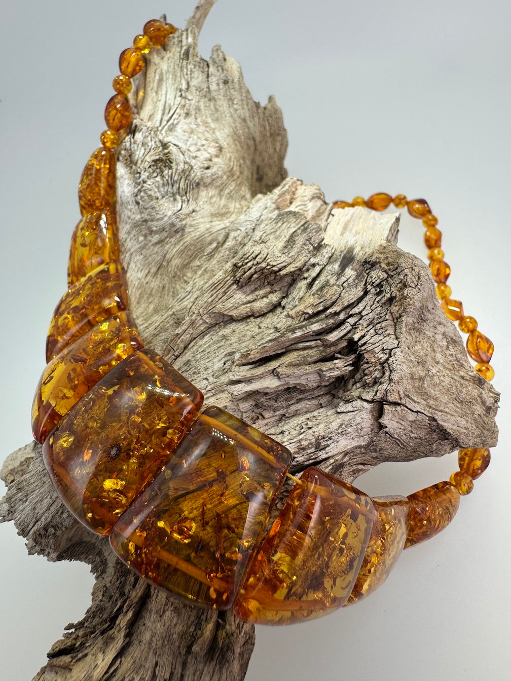 Graduated Baltic Amber Bib Necklace Genuine Honey Cognac Beads, Elegant Flat-Cut Design