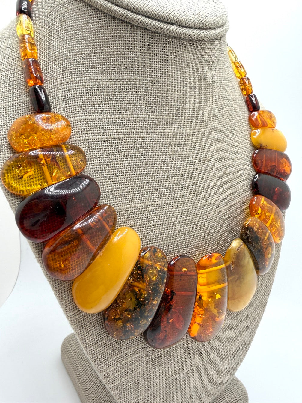 Graduated Baltic Amber Bib Necklace Genuine Multi-Color Beads, Elegant Flat-Cut Design