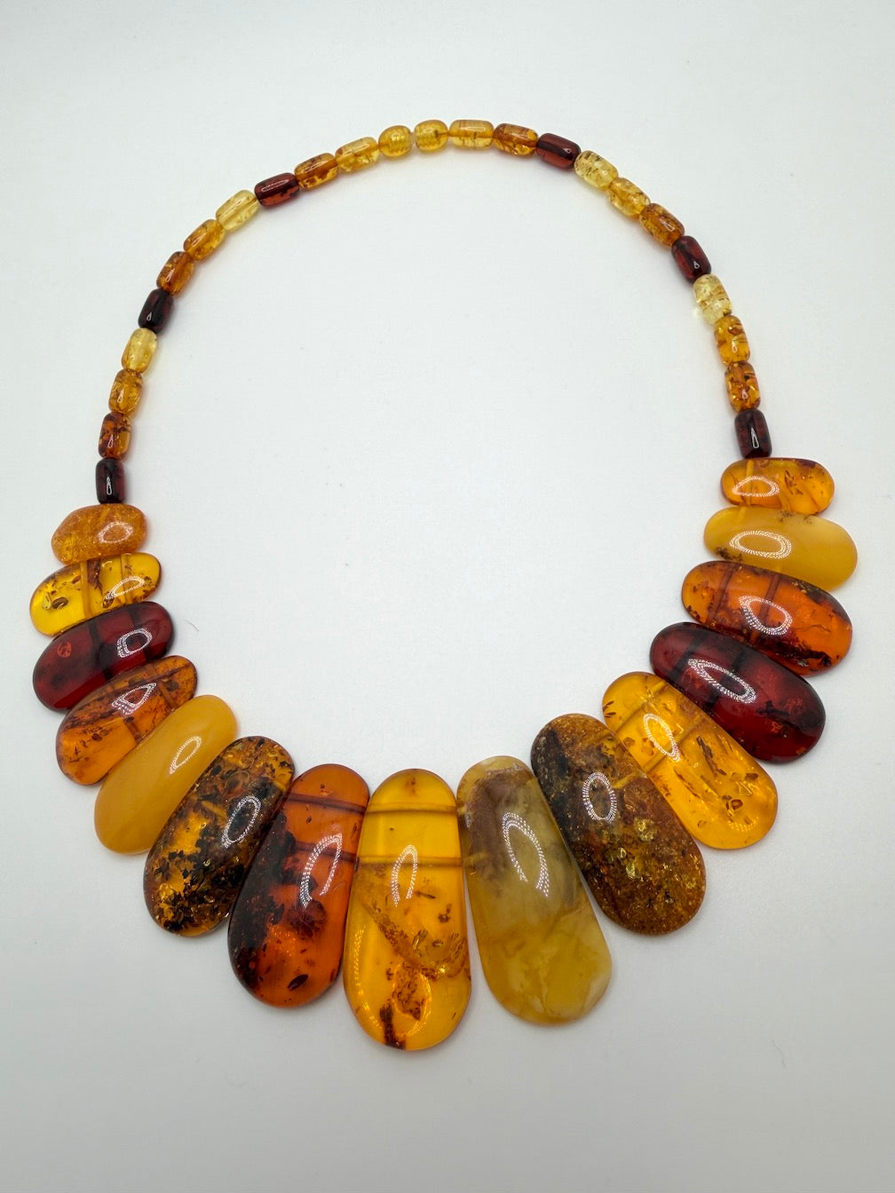 Graduated Baltic Amber Bib Necklace Genuine Multi-Color Beads, Elegant Flat-Cut Design