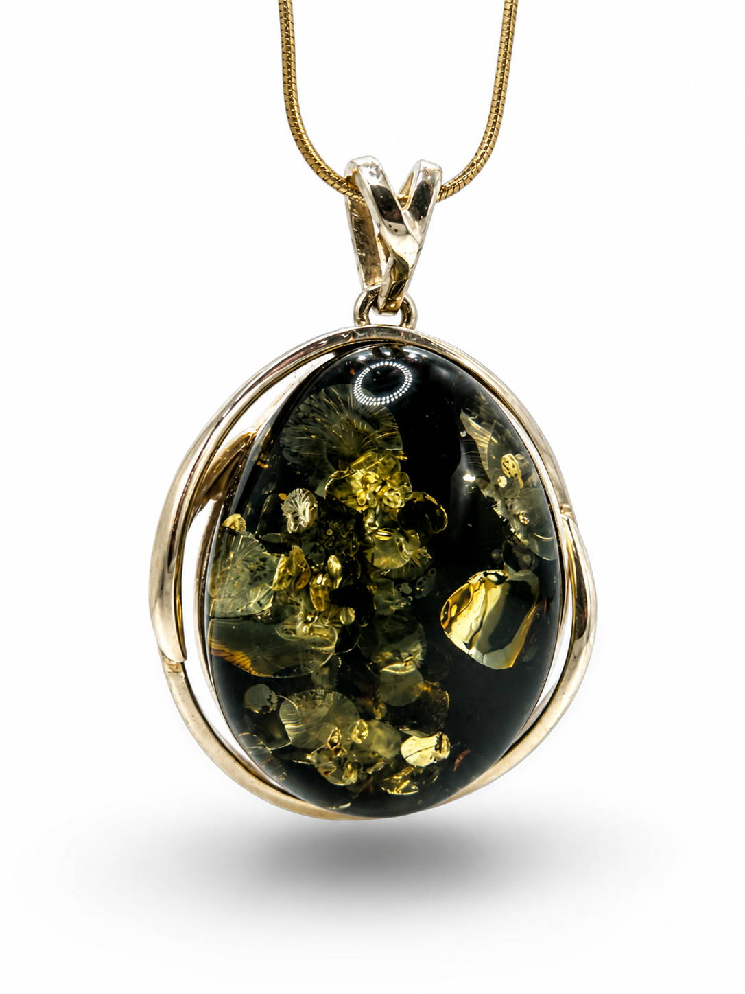 Green Amber Pendant Necklace – Gold Plated Sterling Silver – 18” Gold Plated Snake Chain