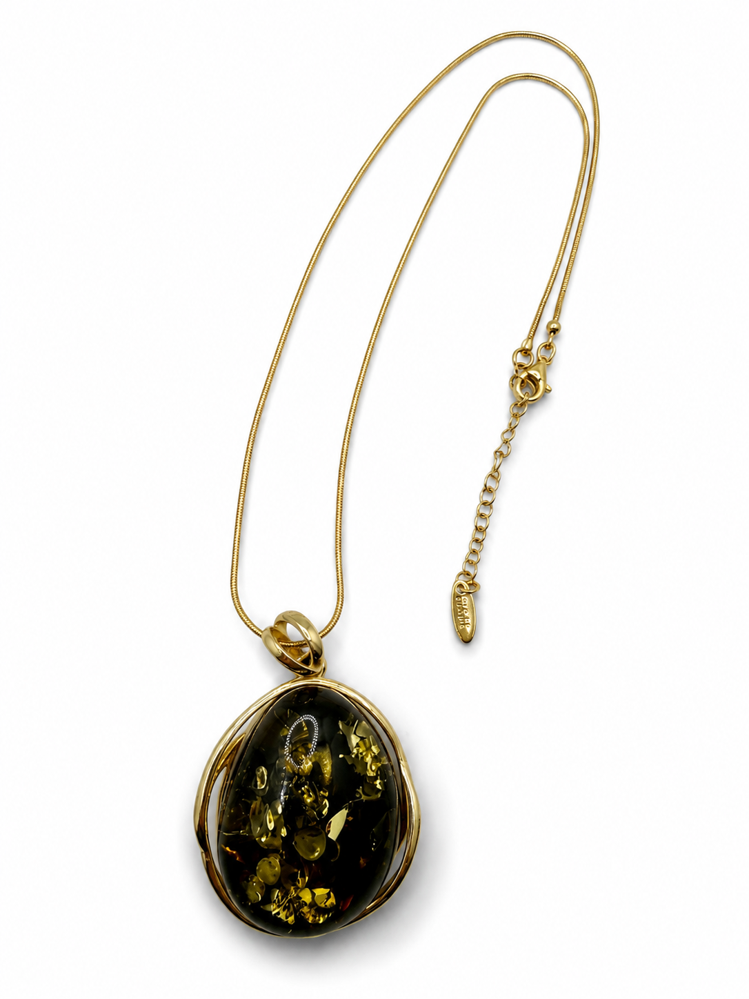 Green Amber Pendant Necklace – Gold Plated Sterling Silver – 18” Gold Plated Snake Chain