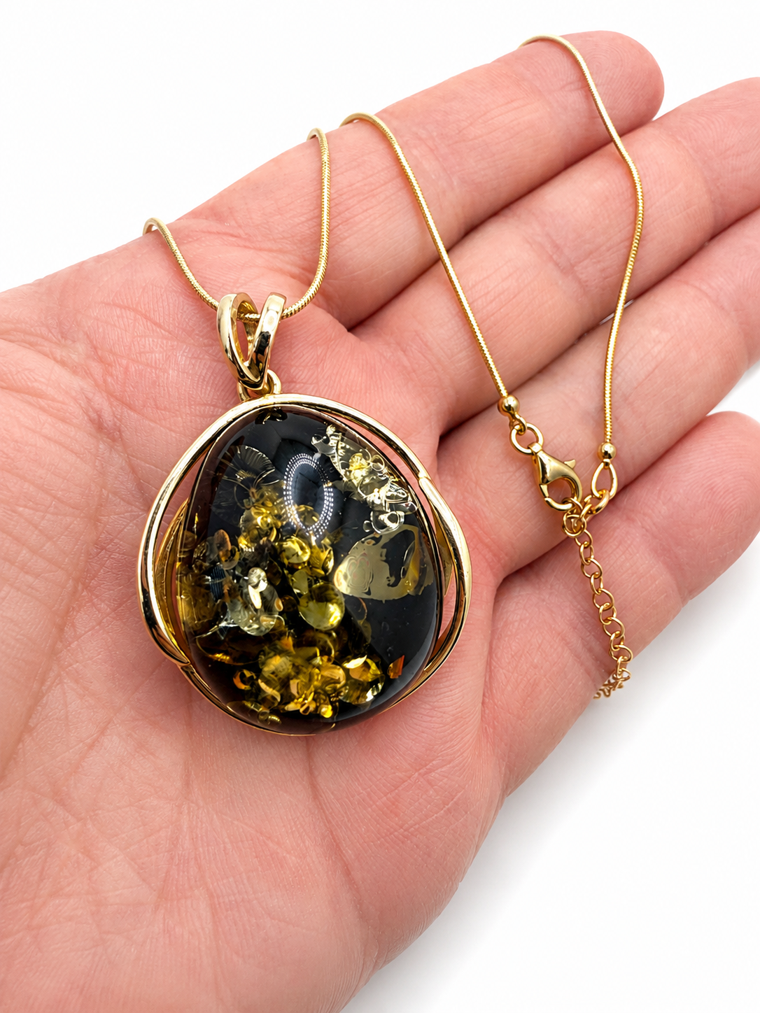 Green Amber Pendant Necklace – Gold Plated Sterling Silver – 18” Gold Plated Snake Chain