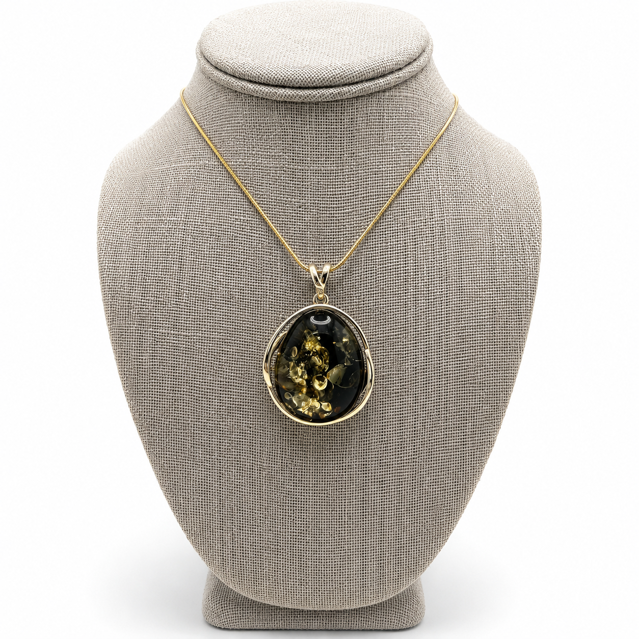 Green Amber Pendant Necklace – Gold Plated Sterling Silver – 18” Gold Plated Snake Chain