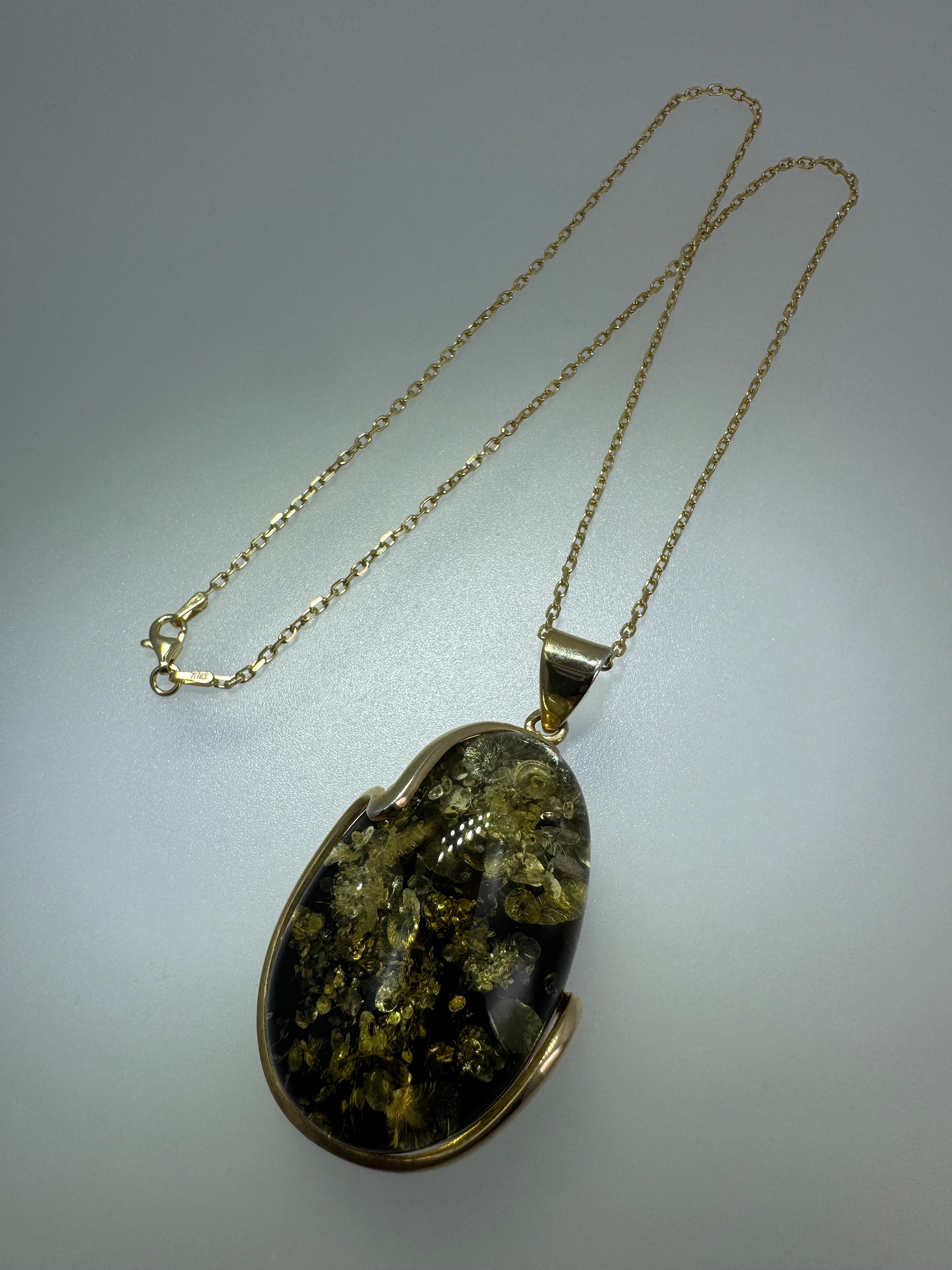 Green Baltic Amber Hand Made Pendant set in Gold Platted Sterling Silver on Snake Chain