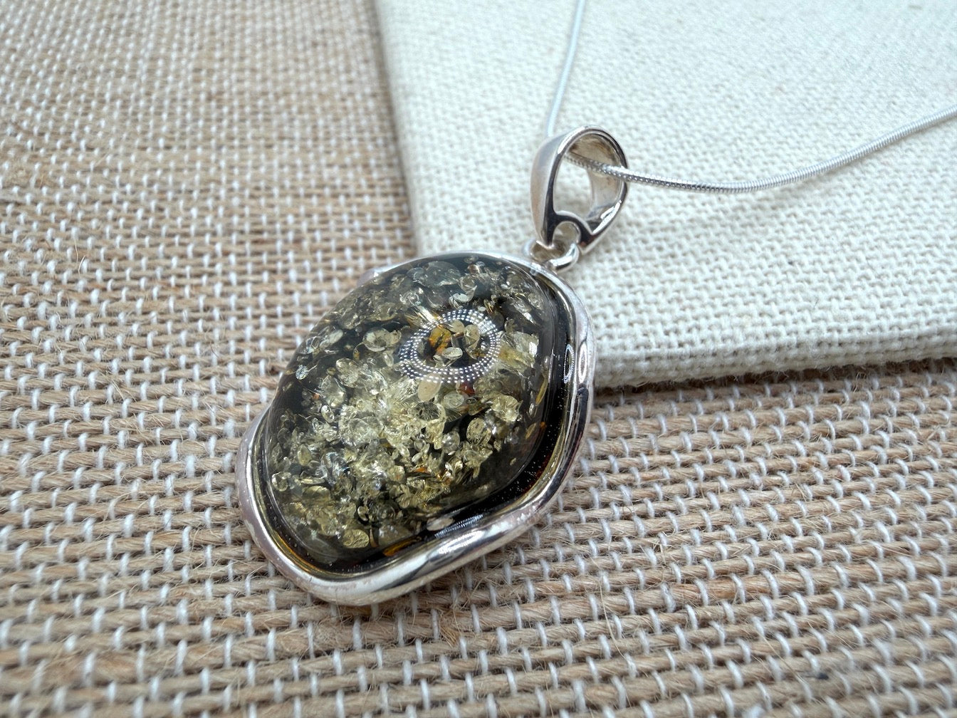 Green Baltic Amber Handmade Pendant on Sterling Silver Snake Chain