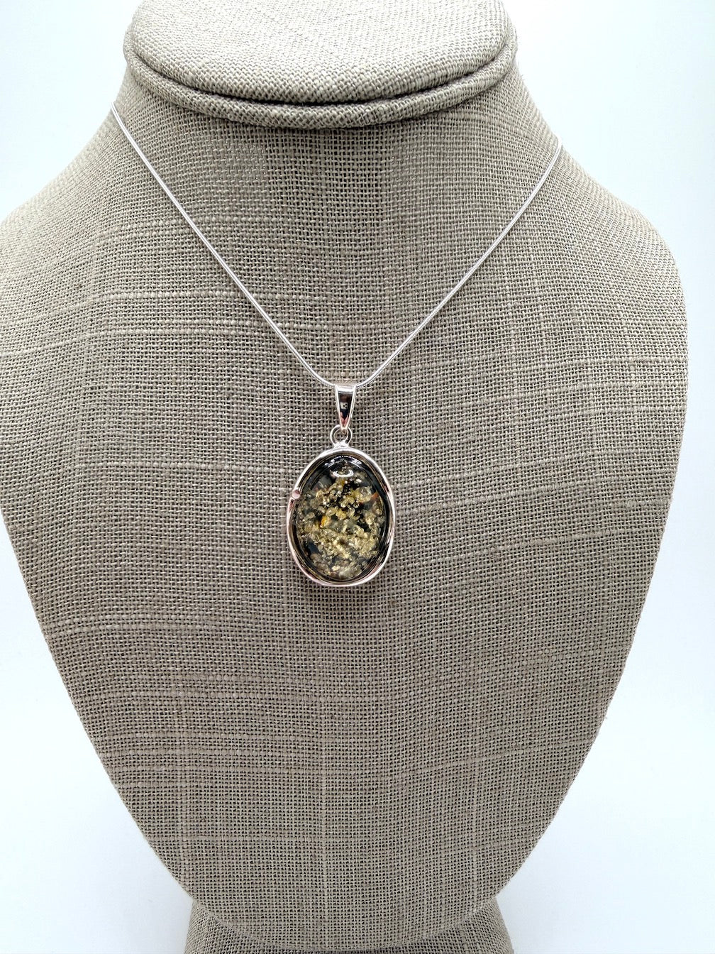Green Baltic Amber Handmade Pendant on Sterling Silver Snake Chain