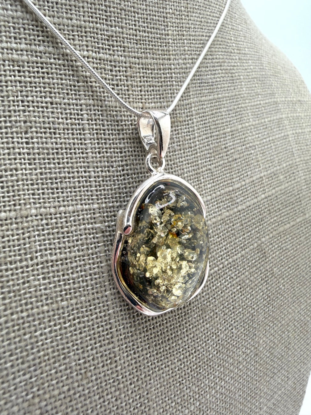 Green Baltic Amber Handmade Pendant on Sterling Silver Snake Chain