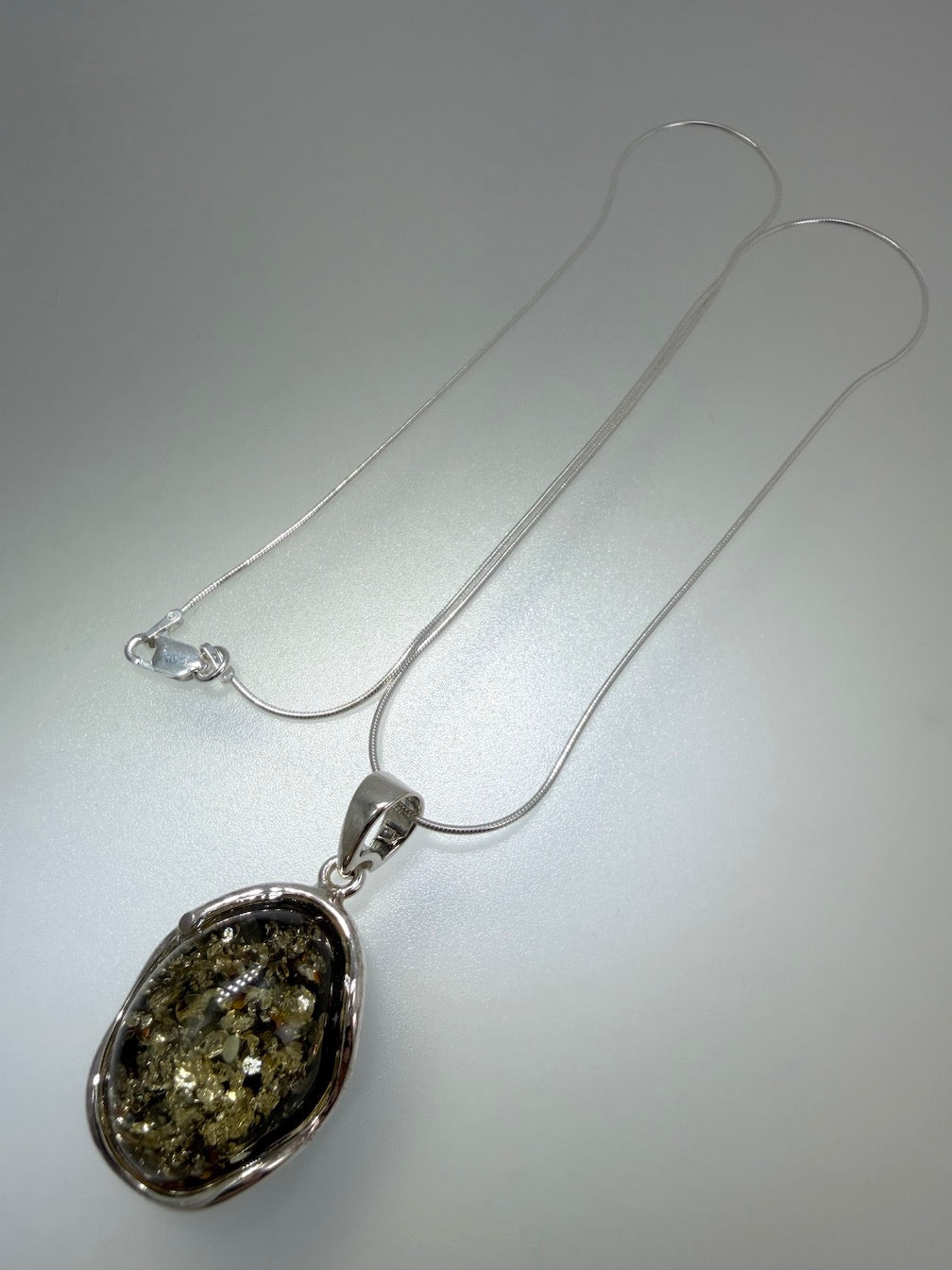Green Baltic Amber Handmade Pendant on Sterling Silver Snake Chain