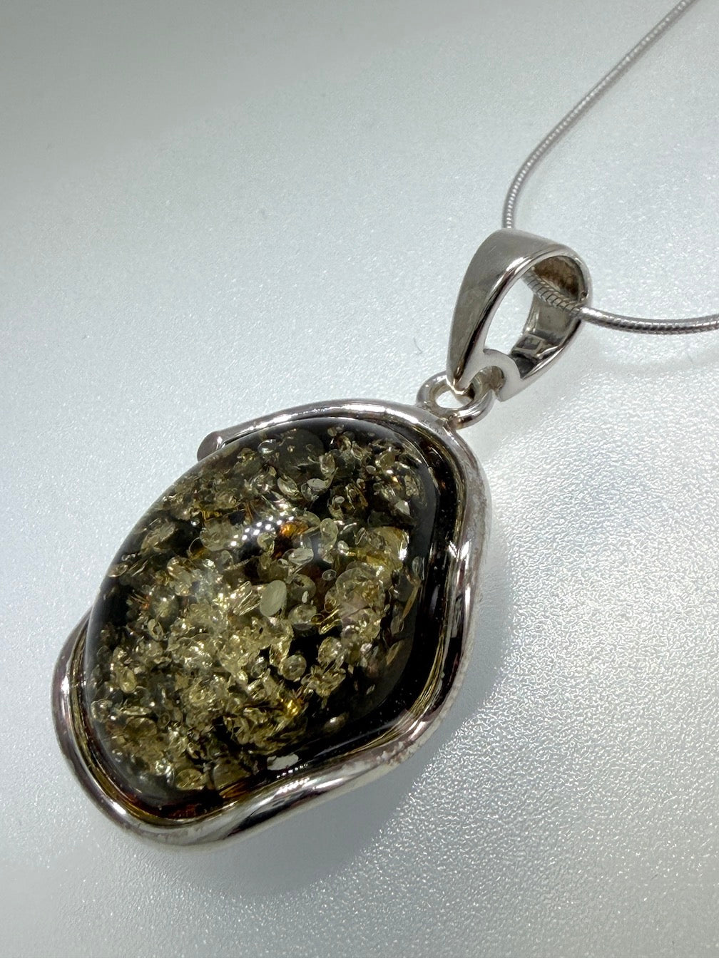 Green Baltic Amber Handmade Pendant on Sterling Silver Snake Chain