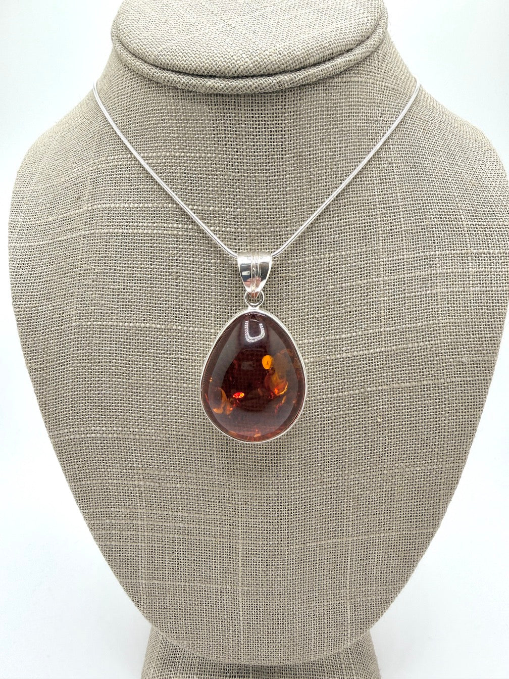Hammered Sterling Silver Genuine Baltic Amber Oval Pendant Necklace on Silver Chain