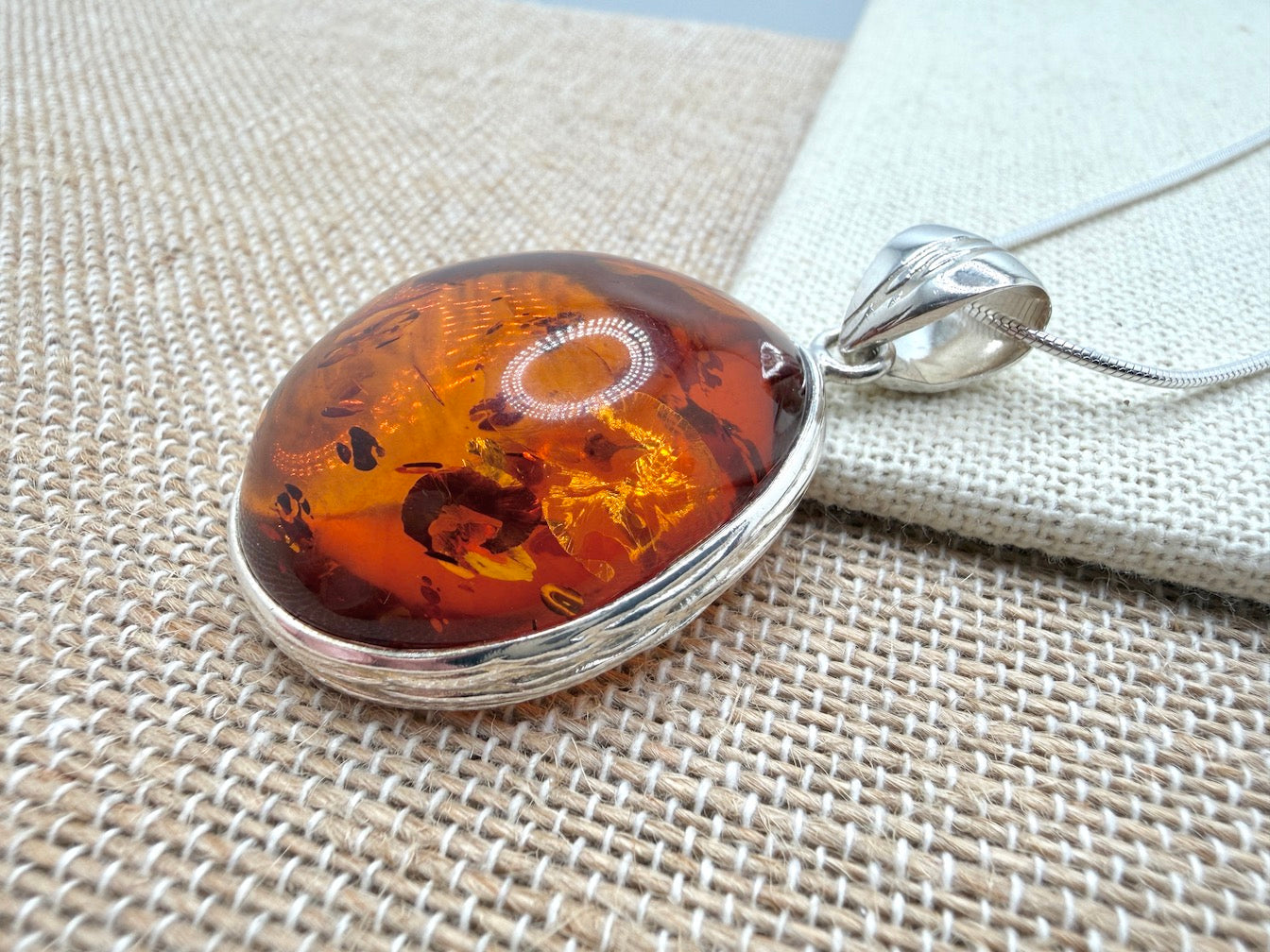 Hammered Sterling Silver Genuine Baltic Amber Oval Pendant Necklace on Silver Chain