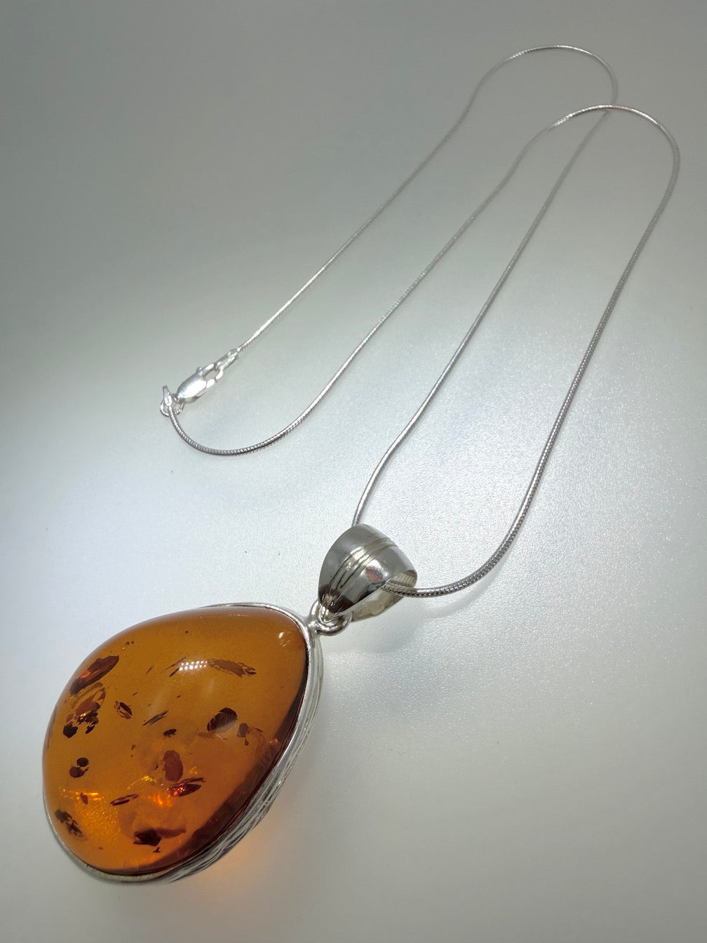 Hammered Sterling Silver Genuine Baltic Amber Oval Pendant Necklace on Silver Chain