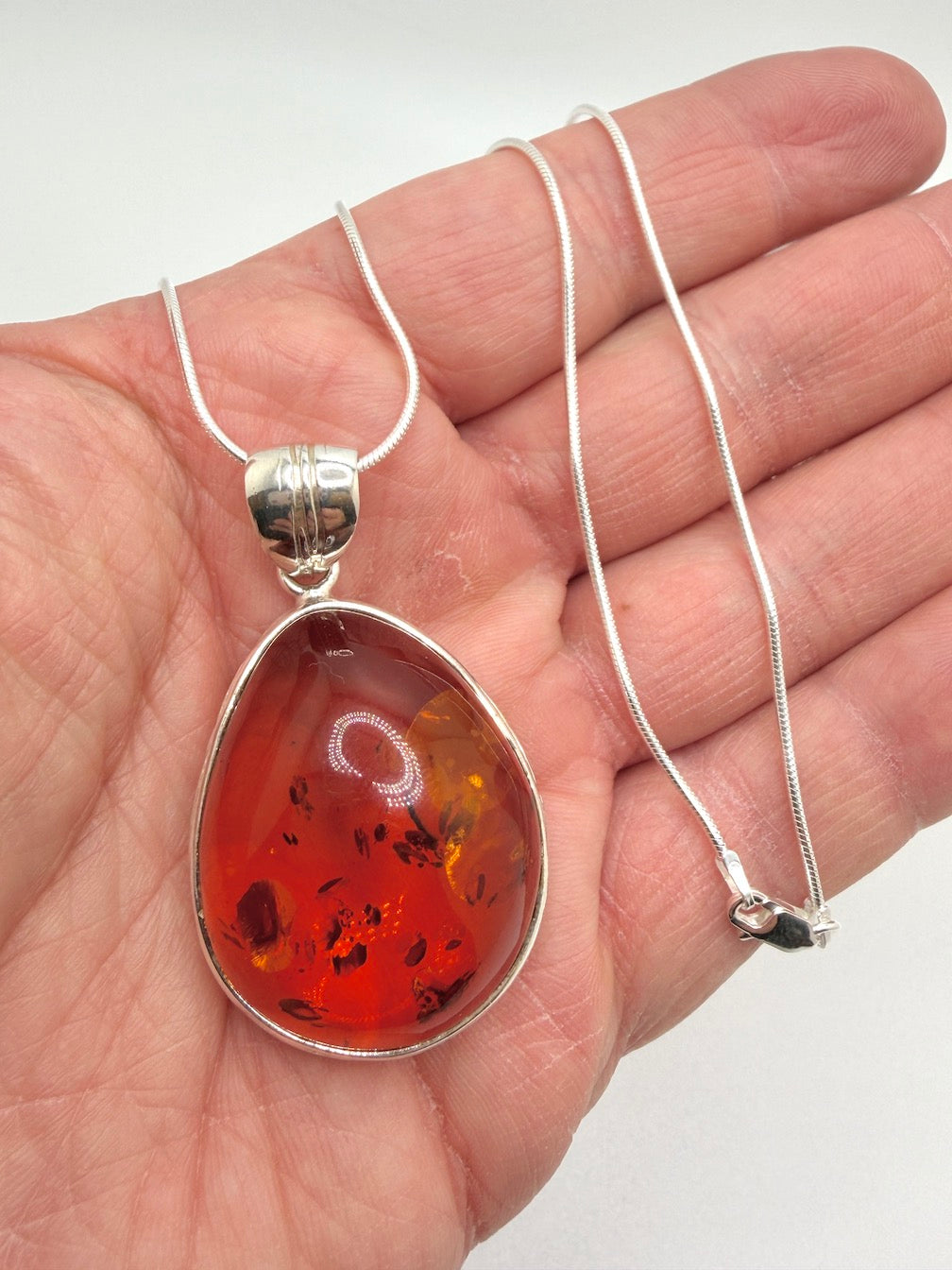 Hammered Sterling Silver Genuine Baltic Amber Oval Pendant Necklace on Silver Chain